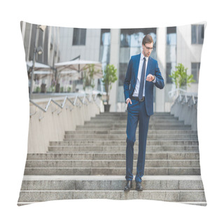 Personality  Handsome Young Businessman In Stylish Suit Standing On Stairs Near Business Building And Looking At Watch Pillow Covers