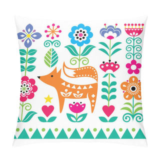 Personality  Scandinavian Cute Folk Art Vector Pattern With Flowers And Fox, Floral Greeting Card Or Invitation Inspired By Traditional Embroidery From Sweden, Norway And Denmark Pillow Covers