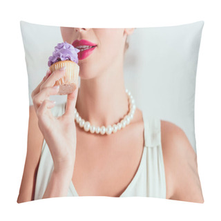 Personality  Partial View Of Pin Up Girl Tasting Homemade Cupcake With Purple Cream  Pillow Covers