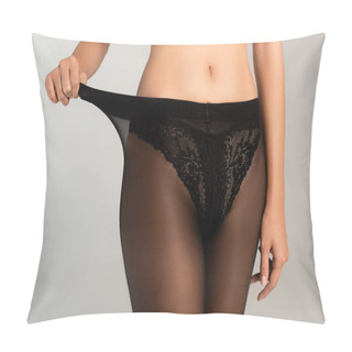 Personality  Cropped View Of Woman In Lace Underwear Stretching Tight Elastic Isolated On Grey Pillow Covers