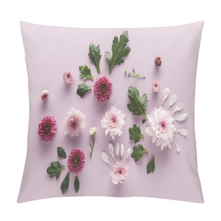 Personality  Top View Of Blooming Spring Chrysanthemums With Leaves And Petals On Violet Background Pillow Covers