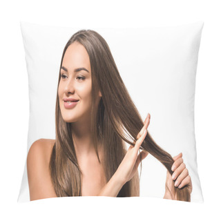 Personality  Beautiful Woman Holding Long Brown Hair And Smiling Isolated On White Pillow Covers