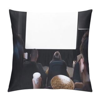Personality  Back View Of Friends With Popcorn And Drink Sitting In Cinema With White Blank Screen  Pillow Covers