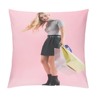 Personality  Excited Girl Holding Shopping Bags, Isolated On Pink Pillow Covers