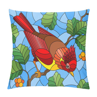 Personality  Illustration In The Style Of Stained Glass With A Beautiful Red Bird  On A  Background Of Branch Of Tree And Sky Pillow Covers