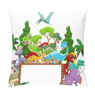 Personality  Dinosaur Cartoon With Landscape Background And Blank Sign Pillow Covers