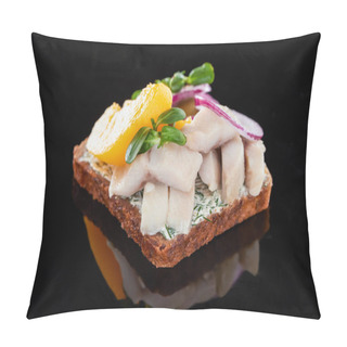 Personality  Close Up Of Herring Fish On Delicious Smorrebrod Sandwich On Black  Pillow Covers