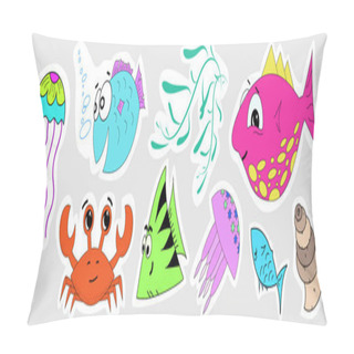Personality  A Set Of Stickers Of Marine Inhabitants. Baby Illustrations Of Fish, Crab, Jellyfish, Seaweed, Seashells. Marine Stickers For Children. Sea Set Sticker. Pillow Covers