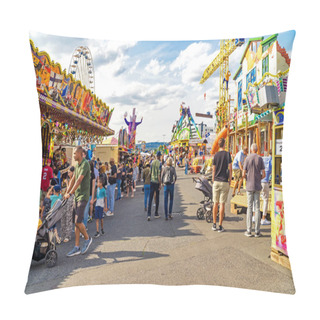 Personality  WIESBADEN, HESSE, GERMANY - 07-03-2023- People Walk The Center With Amusement Park Rides At The German American Friendship Festival In Wiesbaden.  Pillow Covers