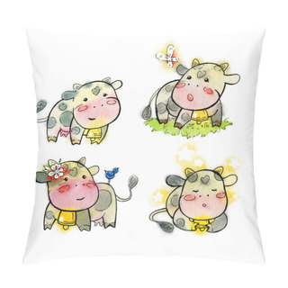 Personality  Set Of White-black Watercolor Cows With A Bell. Cartoon Set Of Kawaii Of Happy Cows, With A Bird, With A Butterfly, Sleepy. Handmade Watercolor Pillow Covers