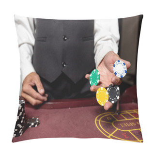 Personality  Casino. Poker. Hands Of A Gambler. Poker Player. Game Chips And Dice Lie On The Table Against A Red Background. Game Chips For Betting In Gambling. Dice. Poker Chips. High Quality Photo Pillow Covers