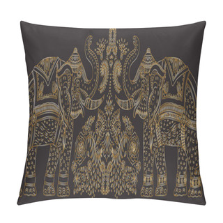 Personality  Vector Set Of Decorative Fantasy Ornate Indian Elephant With Tropical Leaves And Flowers. Golden Contour Thin Line, Ethnic Ornaments On A Black Background. T-shirt Print. Batik Paint, Brochure Cover Pillow Covers