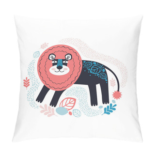 Personality  Cute Hand Drawn Lion And Tropic Plants. Funny Cartoon Animal. Character Is A Wild Cat. Africa, Safari. Ilustration, Poster, Baby Wear. Scandinavian Style Flat Design. Concept For Children Print Pillow Covers