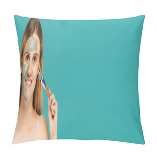 Personality  Cheerful Woman With Red Hair Holding Cosmetic Brush While Applying Clay Mask On Face Isolated On Turquoise, Banner   Pillow Covers