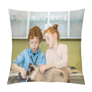 Personality  Boy And Girl Ausculting Cat At Clinic  Pillow Covers