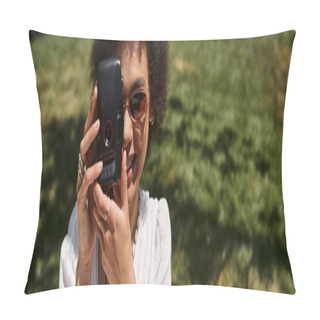 Personality  Joyful African American Woman Taking Photo On Vintage Camera In Park In Summer, Banner Pillow Covers