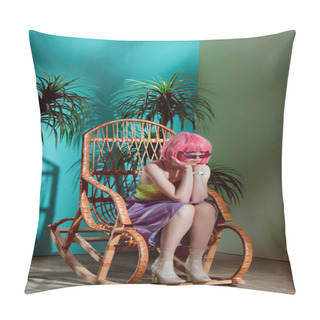 Personality  Beautiful Stylish Bored Girl In Pink Wig Sitting In Rocking Chair And Looking Away Pillow Covers