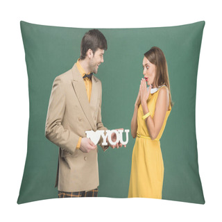 Personality  Man Presenting Decorative 'i Love You' Sign To Beautiful Surprised Woman In Vintage Clothes Isolated On Green  Pillow Covers