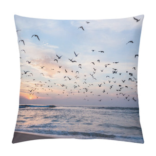 Personality  Beautiful Sunset With Flock Of Seagulls Flying Over The Sea, California Pillow Covers