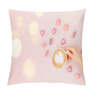 Personality  Female Hands Hold Cappuccino Art Heart Shape In A Coffee Cup On Pale Pink Background.  Love Concept.  Flat Lay, Top View Pillow Covers