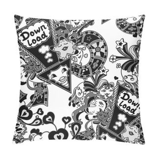 Personality  Seamless Pattern With Doodle Monsters White Black Pillow Covers