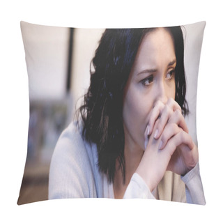 Personality  Upset Woman Sitting And Covering Mouth With Clenched Hands At Home Pillow Covers