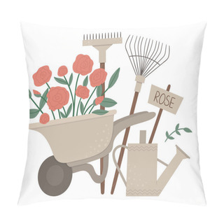 Personality  Vector Illustration Of Colorful Garden Wheel Barrow With Rose Fl Pillow Covers