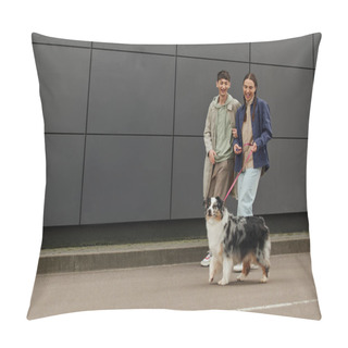 Personality  Smiling Gay Man With Pigtails Holding Leash And Walking Out With Australian Shepherd Dog And Happy Boyfriend In Casual Outfit Near Modern Grey Building  Pillow Covers