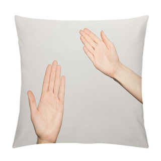 Personality  Cropped View Of Man And Woman Showing Palms Isolated On Grey Pillow Covers