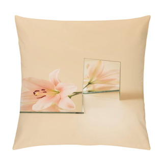 Personality  Lily Flower Reflecting In Two Mirrors On Beige Table  Pillow Covers