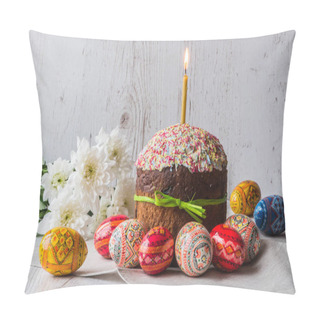 Personality  Easter Cake Kulich With Eggs And Spring Flowers On Light Wooden Background Pillow Covers
