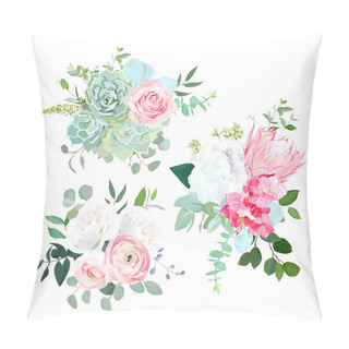 Personality  Pink Protea, Ranunculus, Rose, White Hydrangea, Seeded Eucalyptu Pillow Covers
