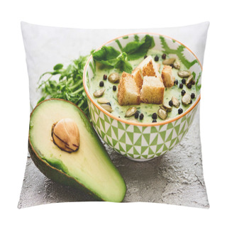 Personality  Bowl Of Delicious Green Creamy Soup With Croutons, Black Pepper And Pumpkin Seeds Near Ripe Avocado Pillow Covers