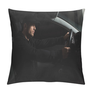 Personality  Side View Of Concentrated Male Paparazzi Doing Surveillance And Driving Car  Pillow Covers