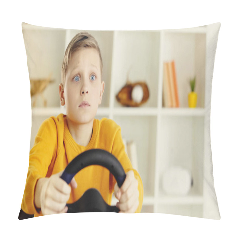 Personality  Sad Schoolboy Holding Toy Steering Wheel And Playing Video Game Pillow Covers