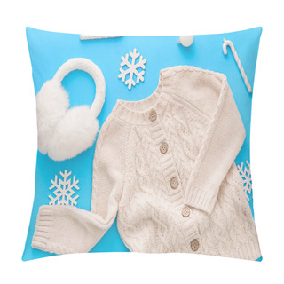 Personality  Stylish Sweater, Ear Muffs And Winter Decor On Blue Background Pillow Covers