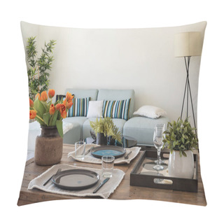 Personality  Wooden Table Detail With Plates, Cutlery And Bunch Of Orange Tul Pillow Covers