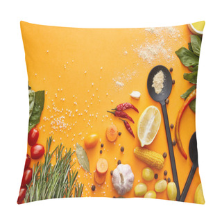 Personality  Top View Of Fresh Vegetables, Herbs With Spices On Orange Background Pillow Covers