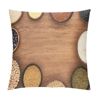 Personality  Top View Of Bowls With Beans, White Rice, Couscous And Buckwheat And Chickpea On Wooden Surface Pillow Covers