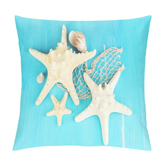 Personality  White Starfishes On Blue Wooden Table Close-up Pillow Covers
