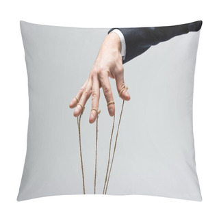 Personality  Cropped View Of Puppeteer With Strings On Fingers Isolated On Grey Pillow Covers