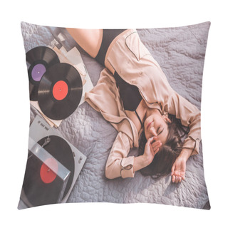 Personality  High Angle View Of Young Cheerful Woman Laying On Bed And Listening Vinyl Audio Player At Home Pillow Covers