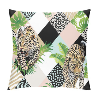 Personality  Tropical Palm Leaves And Exotic Leopard Background. Seamless Vector Pattern With Jungle Leaves In Trendy Style. Pillow Covers