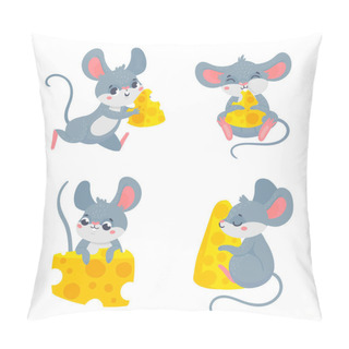 Personality  Cartoon Mouse With Cheese. Cartoon Smiling Characters Holding Food Pieces. Playful Animal Running, Eating Snack. Hungry Baby Mammal With Teeth, Big Ears Isolated On White Vector Set Pillow Covers