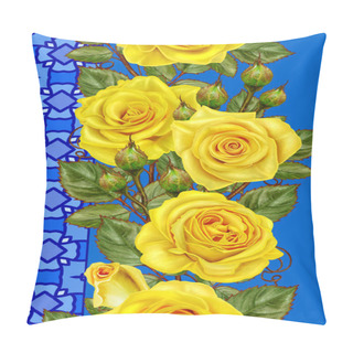 Personality  Vertical Border. Floral Seamless Pattern. Garland Bright Beautiful Yellow Roses. Openwork Weaving, Mosaic, Tile In The Background. Pillow Covers