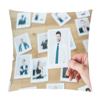 Personality  Cropped View Of Recruiter Holding Photo With Man In Suit  Pillow Covers
