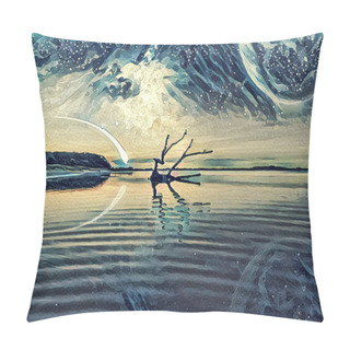 Personality  Fantasy Landscape Illustration Artwork -  Lake And And Hills With Driftwood Reflecting In The Water, Huge Planet In The Sky, Galaxy And Comet Pillow Covers