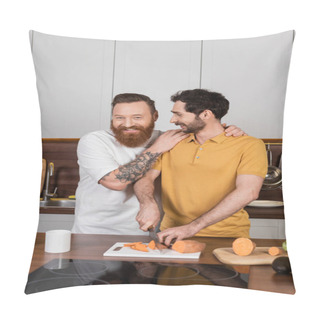 Personality  Cheerful Gay Man Hugging Happy Partner Cooking At Home  Pillow Covers