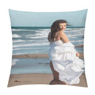 Personality  Young Woman In White Shirt And Swimwear Standing Near Ocean Pillow Covers