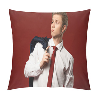Personality  Confident Man With Jacket On Finger On Red Background Pillow Covers